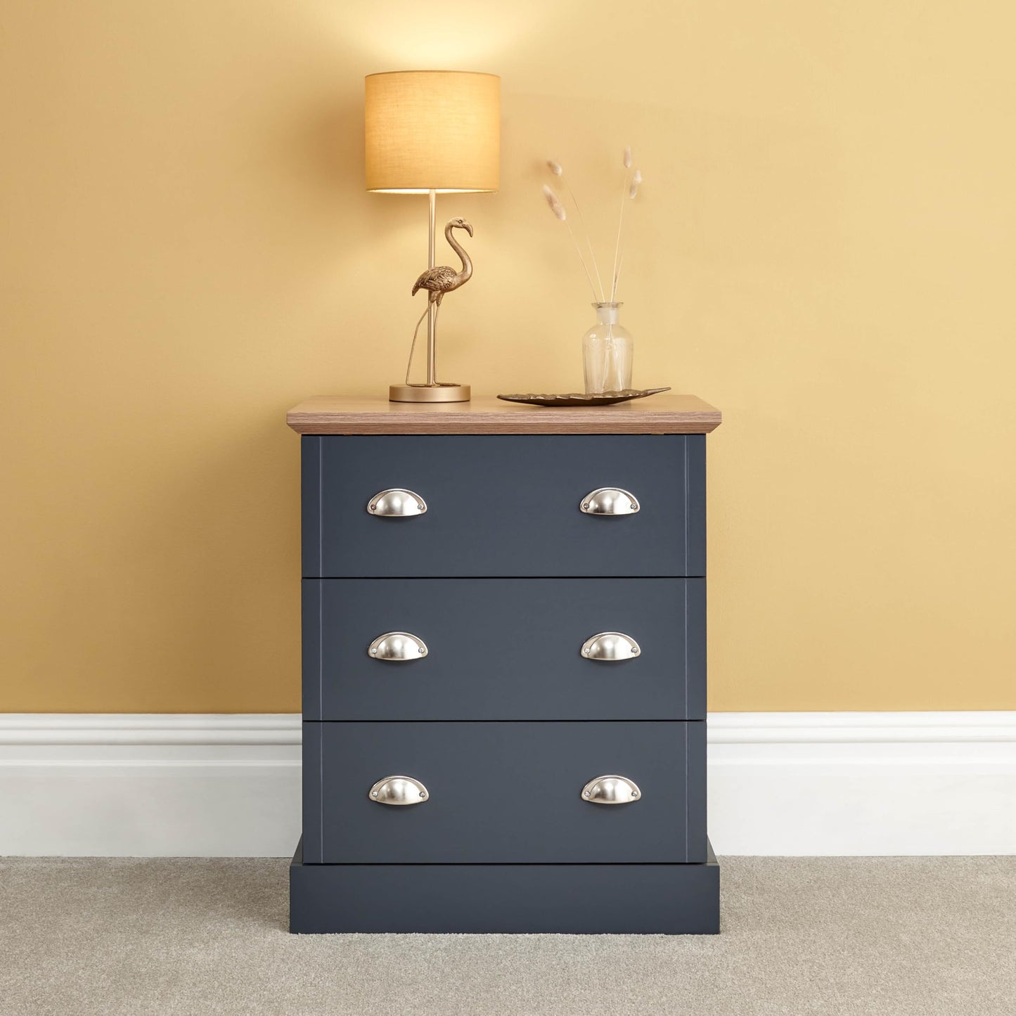 GFW Kendal 3 Drawer Chest of Drawers, Slate Blue Bedroom Storage Unit, Country Style Chest with Large Drawers