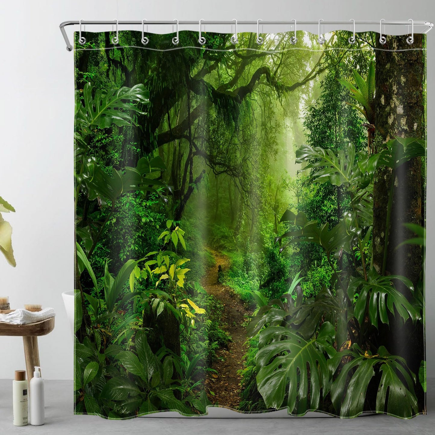 LB Tropical Forest Shower Curtain Green Trees Plant in Mountain Shower Curtains for Bathroom Nature Polyester Anti Mould Waterproof Bath Curtain Set