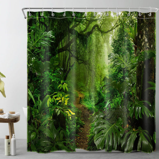 LB Tropical Forest Shower Curtain Green Trees Plant in Mountain Shower Curtains for Bathroom Nature Polyester Anti Mould Waterproof Bath Curtain Set