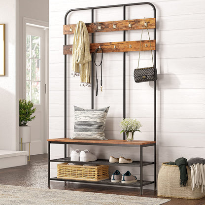 HOOBRO Coat Stand, 182 cm Coat Rack with Shoe Bench, Hall Tree with 12 Hooks, Shoe and Coat Rack for Living Room Entryway Hallway, Industrial Style