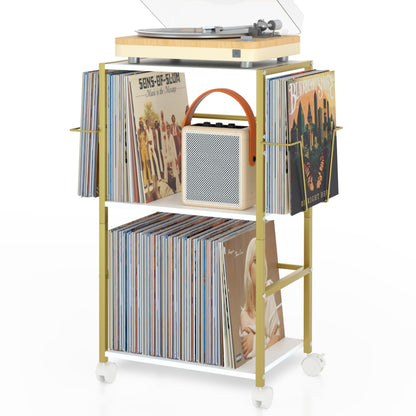 Bikoney Rolling Record Player Stand with Vinyl Storage for 150 Albums, Gold
