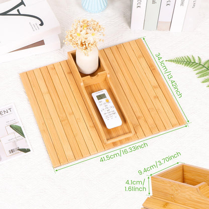 YUNYOUC Couch Arm Tray, Bamboo Sofa Table for Couch, Foldable Sofa Arm Tray with Cup Holder, Non-Slip Armrest Organizer for Drink, Cup, Snack, Control