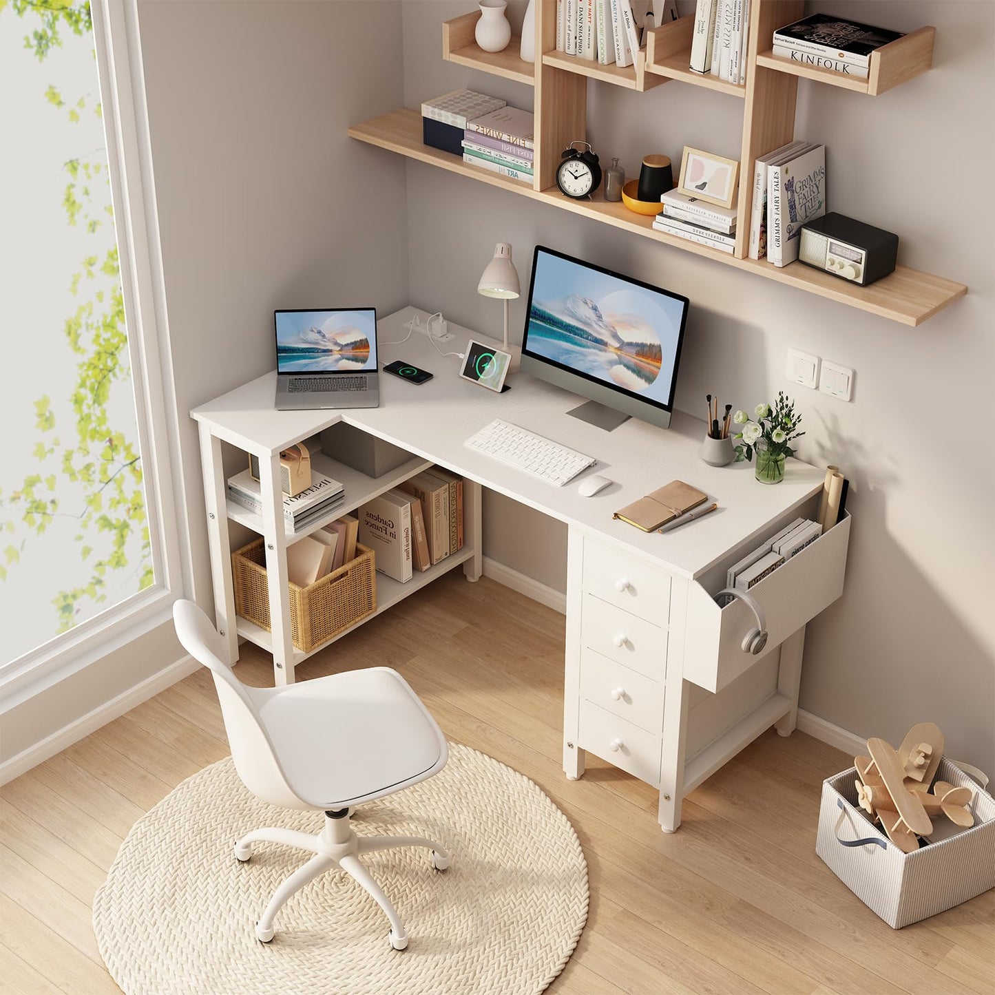 Lufeiya White L Shaped Computer Desk with Drawers & Storage Shelves, 120CM Corner Reversible Desk with UK Power Outlet for Home Office Bedroom