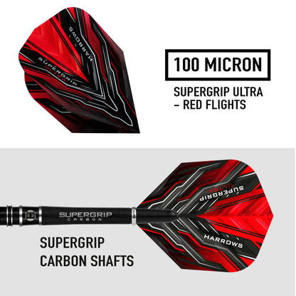 Harrows SUPERGRIP ULTRA 90% Tungsten Steel Tip Darts Set. Available in 21g, 22g, 23g, 24g, 25g, 26g, 28g & 30g - Includes Supergrip Carbon Shafts,