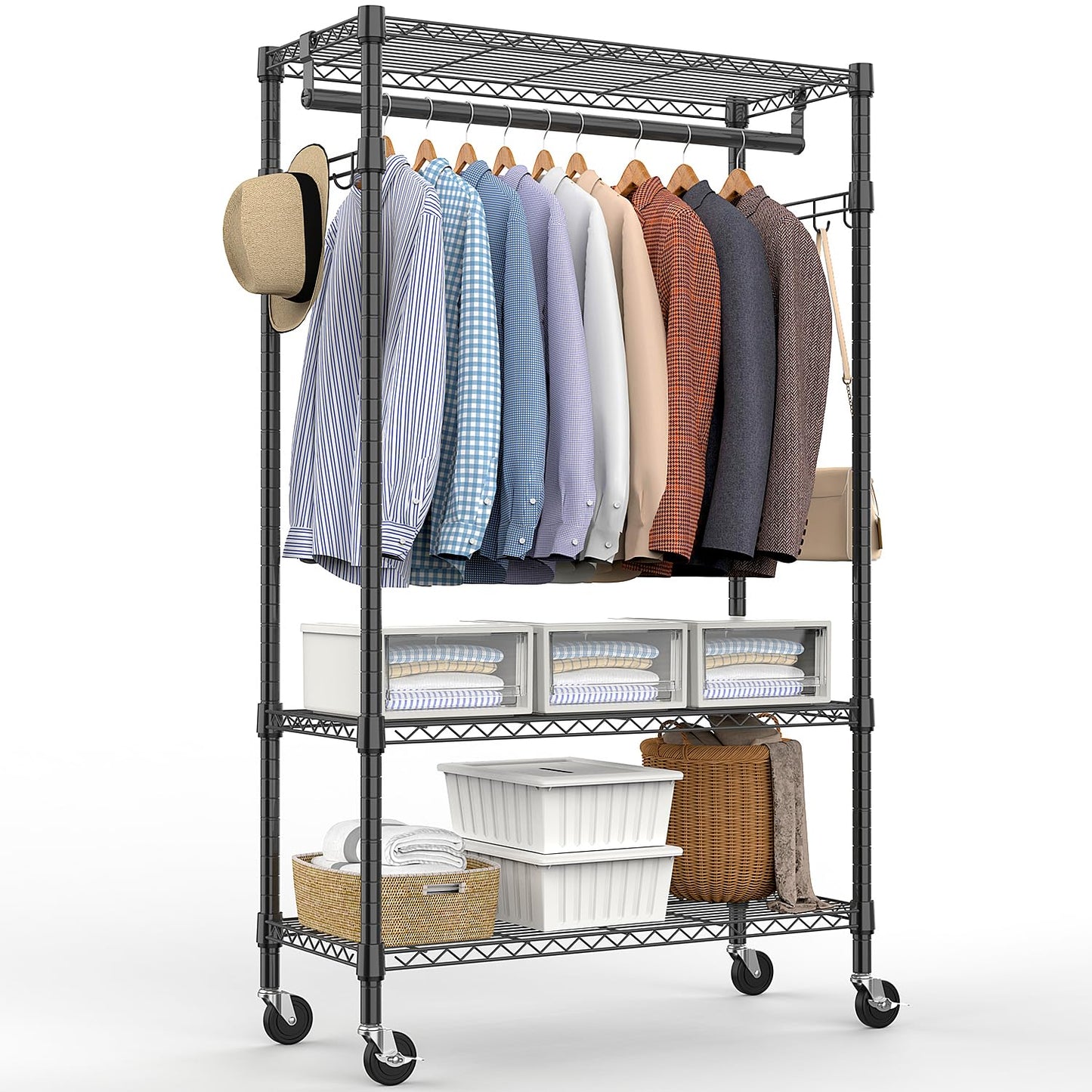 M MZG Heavy Duty Rolling Garment Rack 3 Tiers Adjustable Wire Shelving Clothes Rack with Rods and Side Hooks,Storage Closet Clothing Rack with Wheels