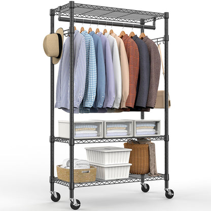 M MZG Heavy Duty Rolling Garment Rack 3 Tiers Adjustable Wire Shelving Clothes Rack with Rods and Side Hooks,Storage Closet Clothing Rack with Wheels