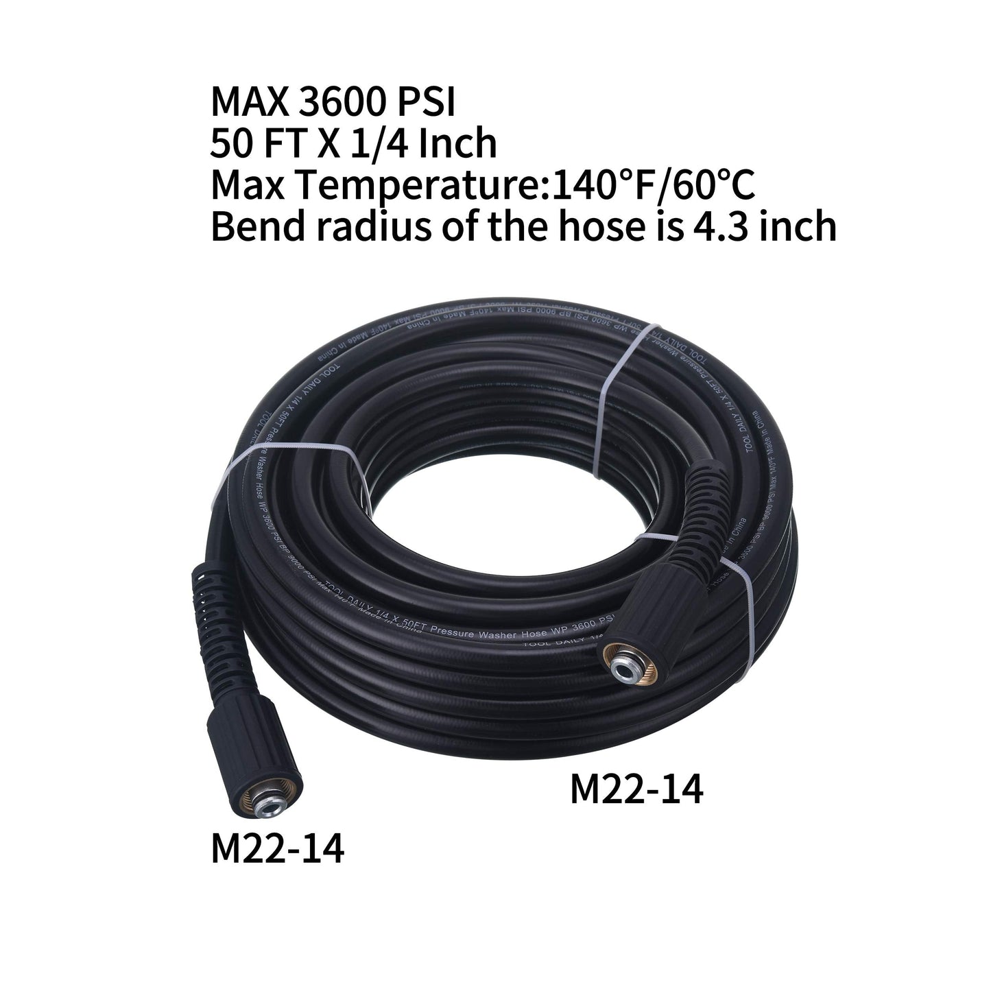 Tool Daily High Pressure Washer Hose 50 FT X 1/4 Inch, 3600 PSI, M22 14mm, Replacement Power Washer Hose for Most Brands