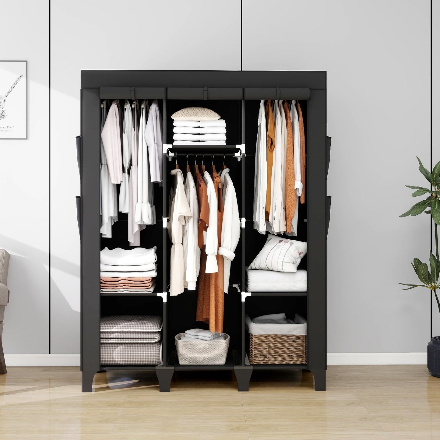 OPPAIYA Canvas Wardrobe, Portable Wardrobe With 3 Hanging Rails, 6 Shelves and 8 Side Bags, 165 * 45 * 125cm Temporary Storage Closet