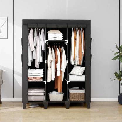 OPPAIYA Canvas Wardrobe, Portable Wardrobe With 3 Hanging Rails, 6 Shelves and 8 Side Bags, 165 * 45 * 125cm Temporary Storage Closet