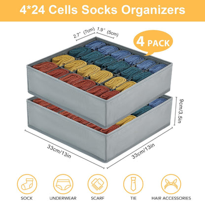 Joyoldelf Drawer Organiser - Set of 4 Foldable Sock Organisers - Wardrobe Storage Organiser with 24 Cells - Drawer Dividers Storage Boxes for Socks