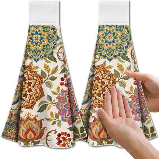 CUTHOLLOW 2Pcs Vintage Flower Pattern Tea Towels for Kitchen with Loop, 31.5x43.5cm Soft Super Absorbent Microfiber Decorative Hanging Dish Towel,