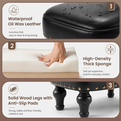 Cmishe Ottoman Leather Foot Rest with Thicker Foam Padded Seat, Footstool with Wooden Legs