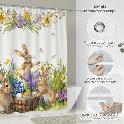 BREASOME Spring Easter Bunny Shower Curtain 180 x 180 cm Cute Rabbit Chicken Egg Floral Shower Curtain for Bathroom Decor Mould Proof Waterproof