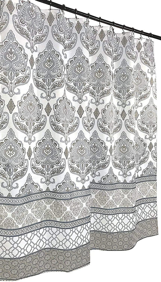 Serafina Home Grey Taupe White Fabric Shower Curtain: Floral Damask with Geometric Border Design (Darian)