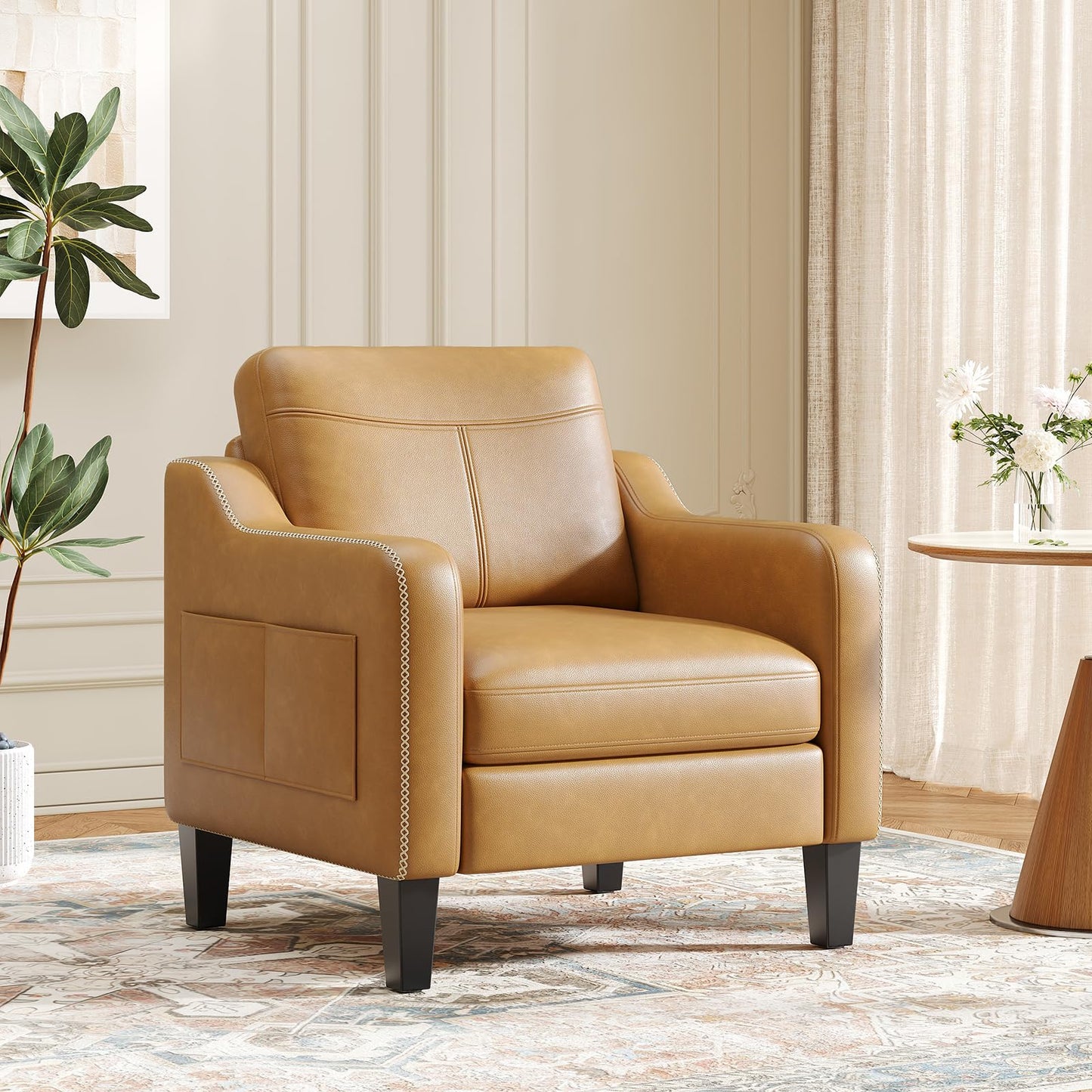 Arm Chairs for Living Room Set of 1, Accent Chair with Side Storage Pocket, PU Leather Armchairs with Thick Cushion