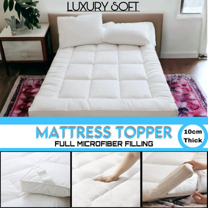 VL Mattress Topper Double Size 10cm Thick Microfiber Quilted Fluffy and Soft Mattress Protector with Strong Corner Straps for Firm Grip WHITE (10cm