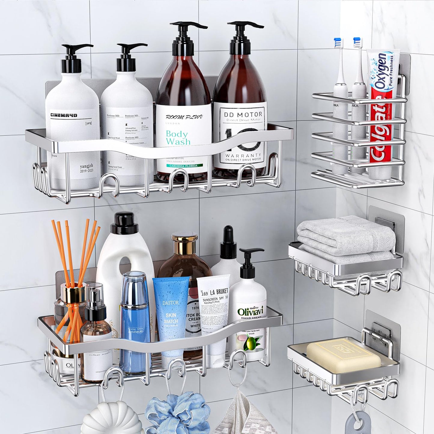 PKBD Rustproof Stainless Steel Shower Caddy 5 Pack, Bathroom Storage Accessory Shelf Organiser No Drilling Hanging, Soap Toothbrush Holder Set,