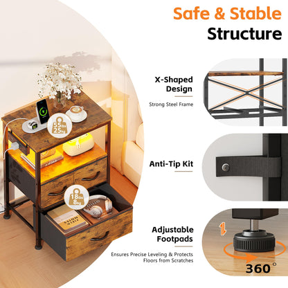 Flrrtenv Bedside Table with Power Strip, Bedside Cabinet with 3 Drawers, LED Bed Side Table for Bedroom