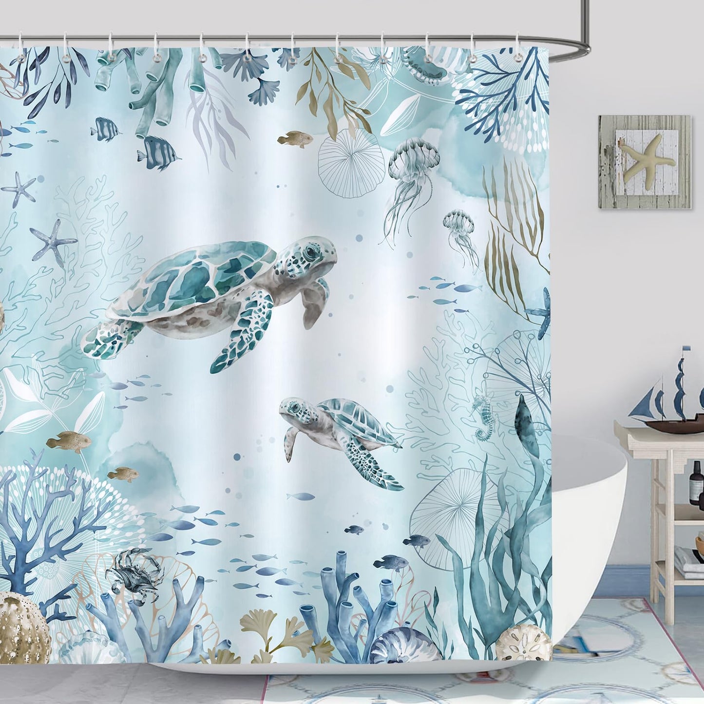 Bonhause Sea Turtle Shower Curtain Teal Blue Ocean Beach Coastal Bathroom Curtain 180 x 180 cm Waterproof Mildew & Mould Resistant Polyester Fabric