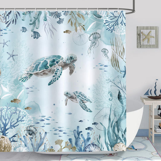 Bonhause Sea Turtle Shower Curtain Teal Blue Ocean Beach Coastal Bathroom Curtain 180 x 200 cm Waterproof Mildew & Mould Resistant Polyester Fabric