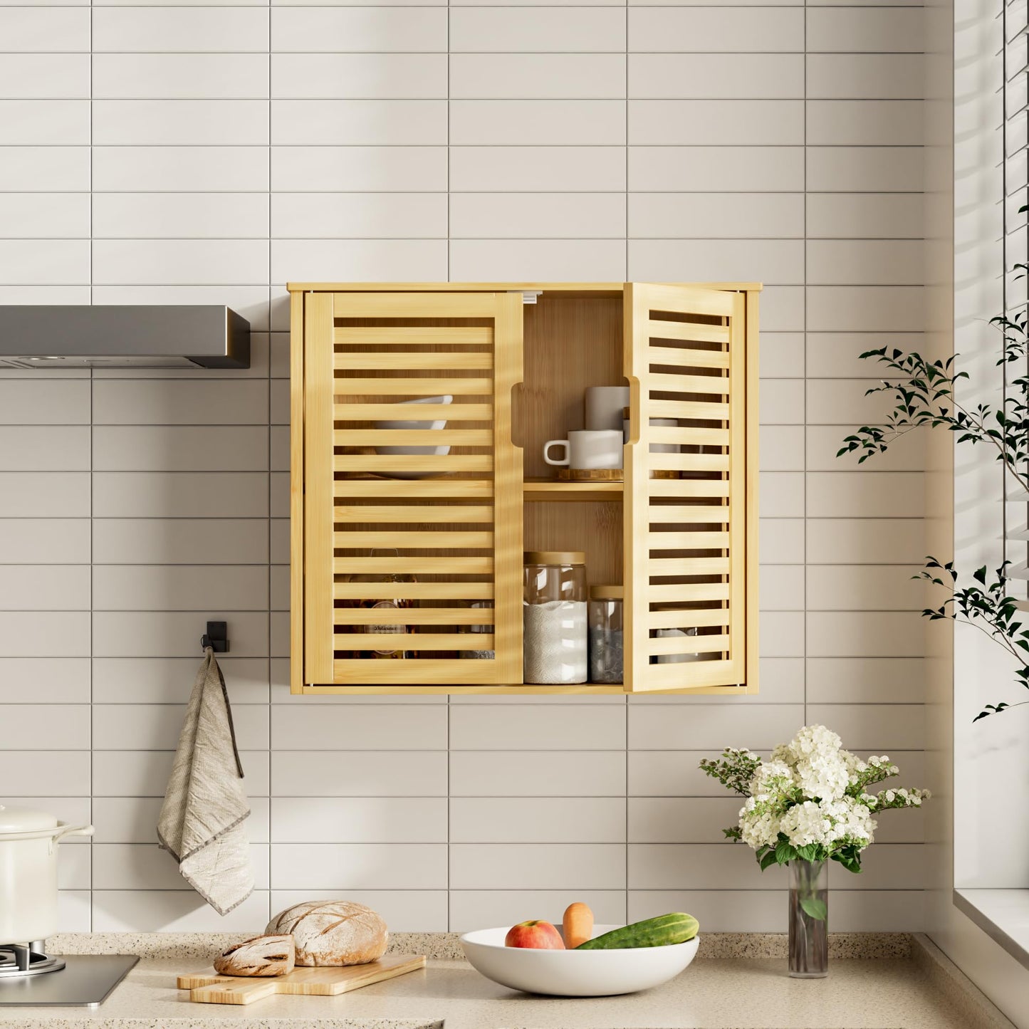 HITNET Bathroom Wall Cabinet, Medicine Cabinet Over the Toilet, Bamboo Hanging Storage Organizer with 2 Doors and Adjustable Shelf for Kitchen