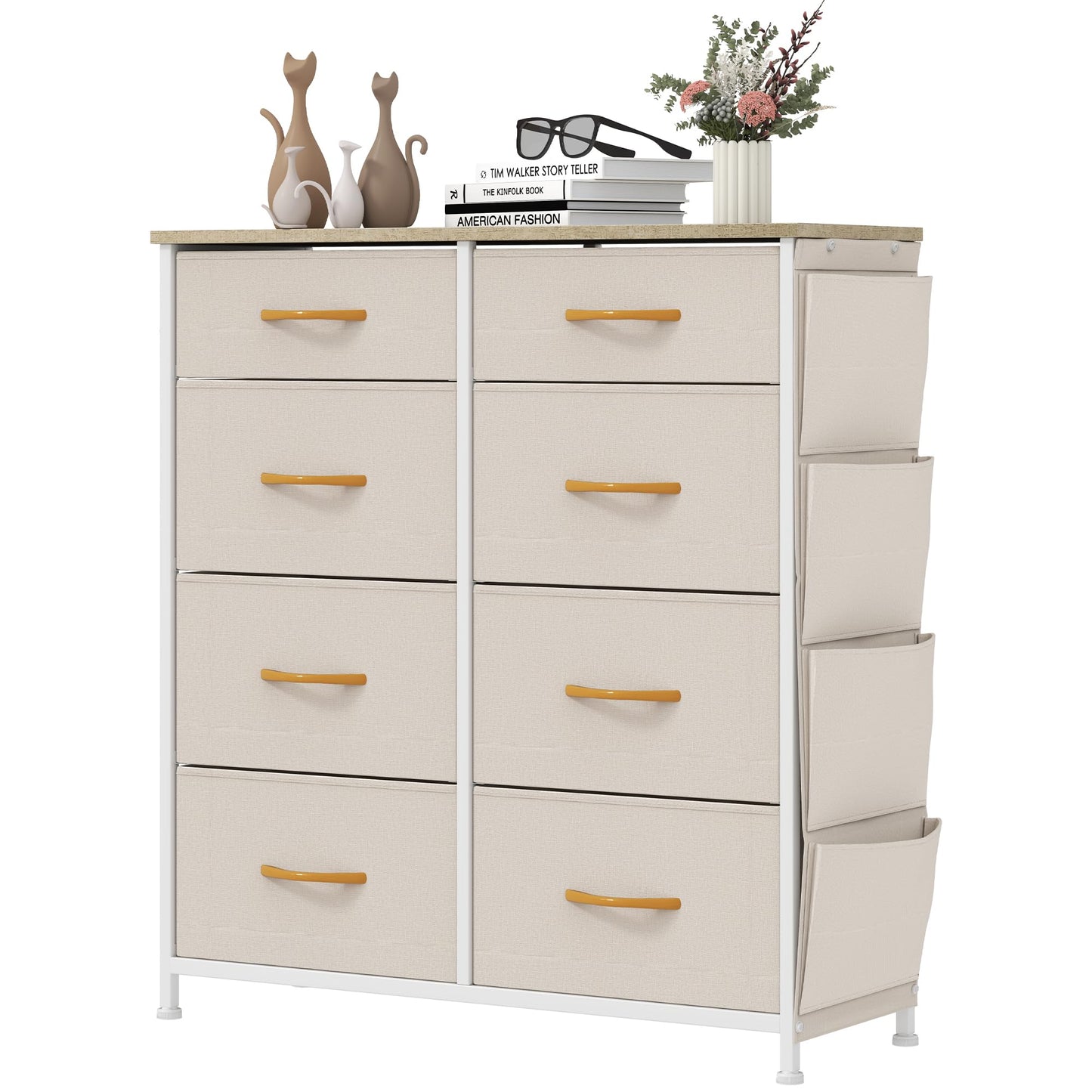YITAHOME Chest of Drawers with 8 Drawers, Fabric Drawers with Side Pocket&Hooks,Easy Pull Handle,Sturdy Steel Frame,Storage Drawers for Bedroom,
