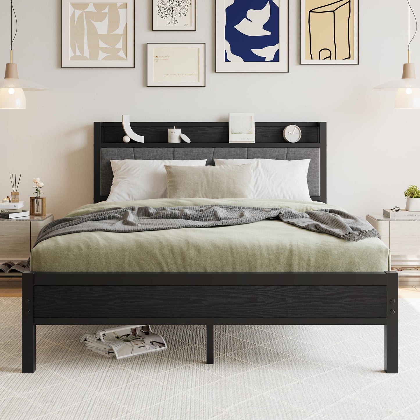 BORPHOM King Size Bed Frame with Storage Wooden Headboard,Heavy Duty Metal Upholstered Platform Bed Frame King Size,Mattress Base/Sturdy Steel Slat