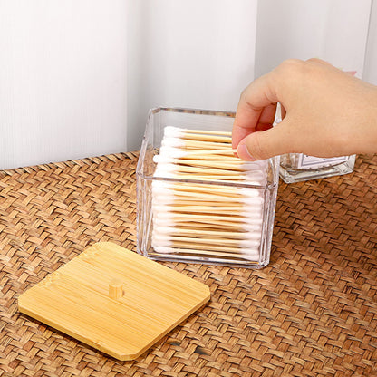 SUMTree Square Qtip Cotton Ball Holder Qtip Dispenser with Bamboo Lid