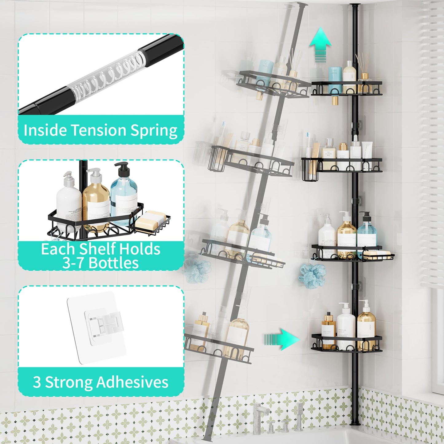 HapiRm Telescopic Shower Caddy Corner - 4 Tier Bathroom Corner Shelves