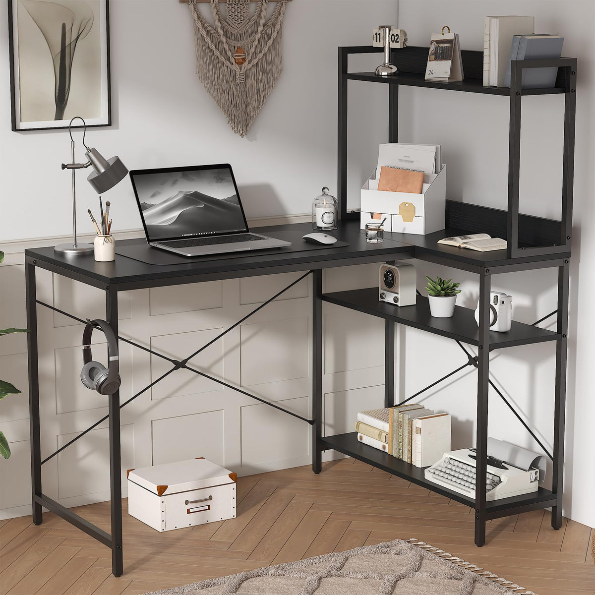 Feonase 47" L-Shaped Computer Desk Gaming Desk with Durable Metal Frame, Corner Desk with 4 Sheves and Hook