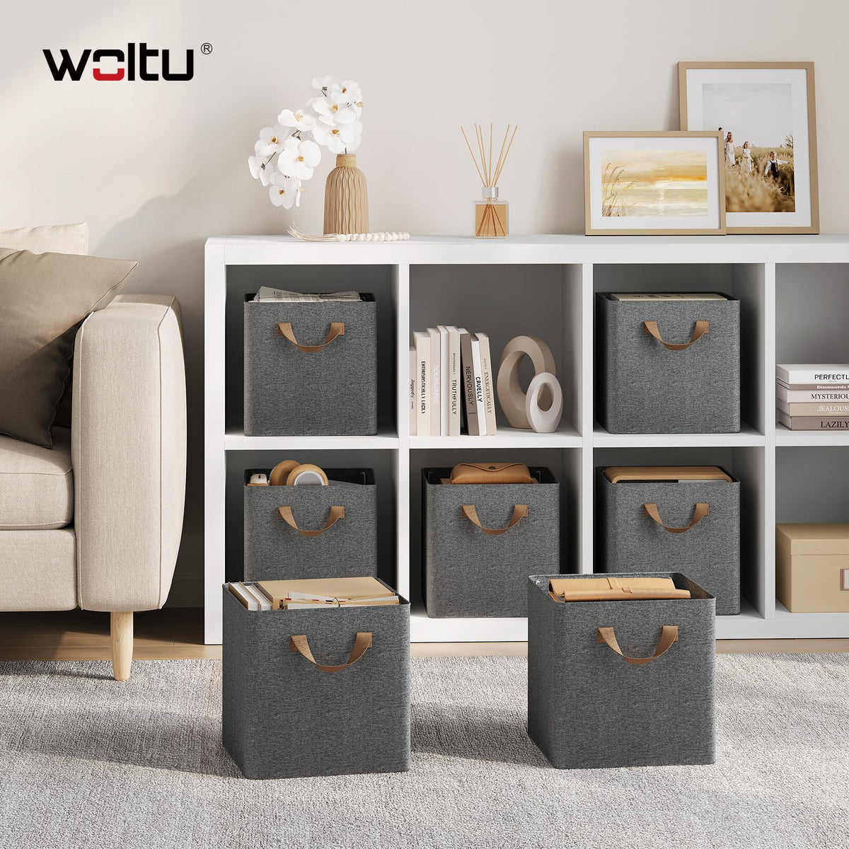 WOLTU Storage Boxes Set of 5, Storage Baskets, Folding Wardrobe Cube Boxes, with Handle and Metal Frame, for Living Room/Bedroom/Study, Linen