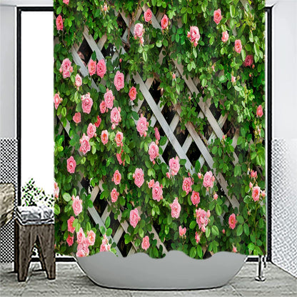JOOCAR Garden Shower Curtain, Rustic Decor Rosemary Roses Flower on Fence, Waterproof Cloth Fabric Bathroom Decor Set with Hooks