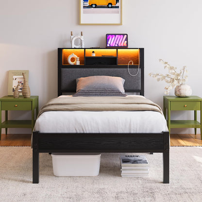 MUZERUL 3ft Single Bed Frame with Storage Shelf Upholstered Headboard, Heavy Duty Platform Bed Frame, Metal Bed with Charging Station and LED Lights