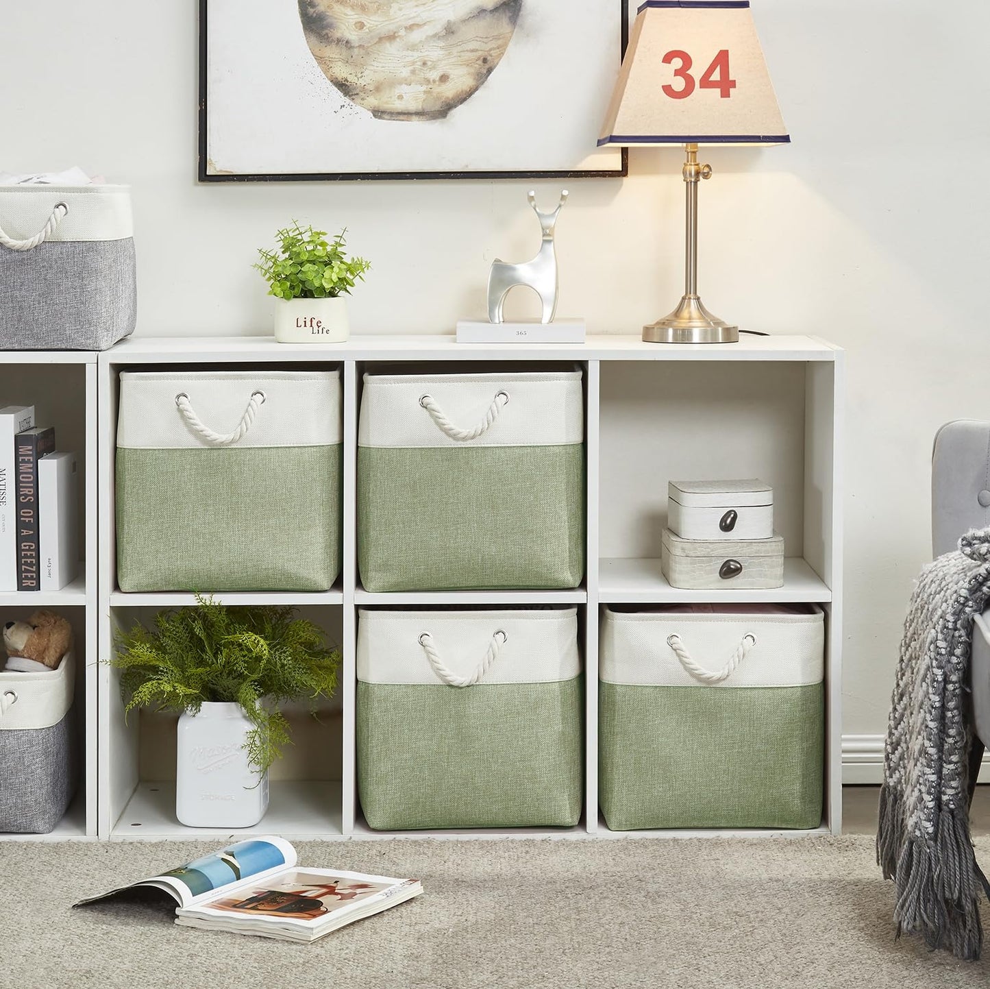 SOCOHOME Cube Storage Boxes,28x28x28cm Storage Baskets for Organizing Clothes Shelf Nursery Closet(Green/White, Set of 6)