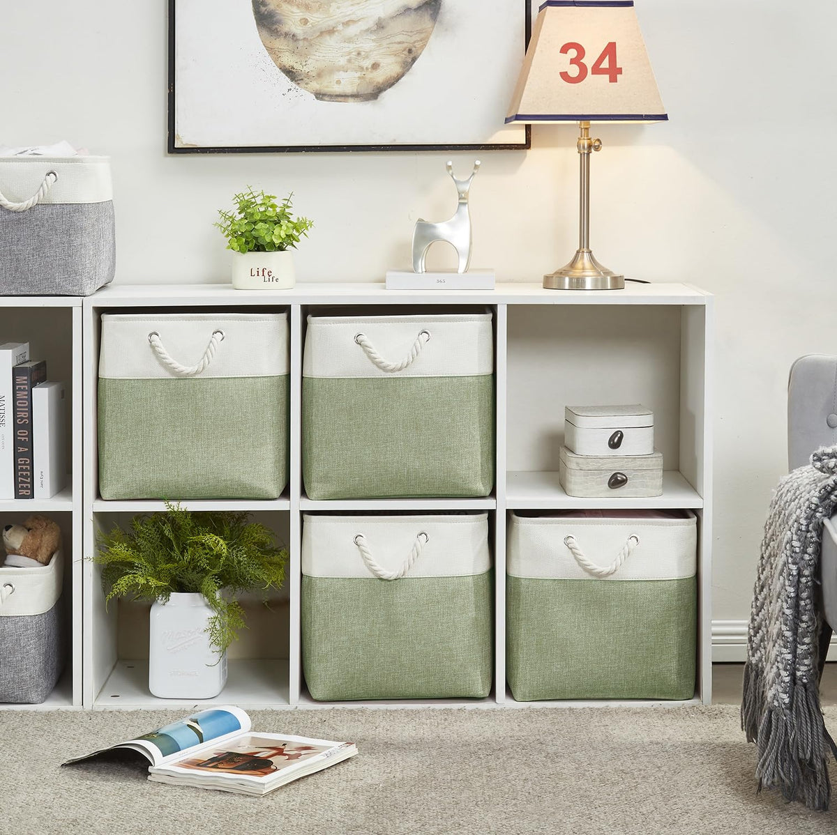 SOCOHOME Fabric Cube Storage Boxes,30x30x30cm Canvas Storage Baskets for Nursery Closet Toys Shelf(Green/White, Set of 4)