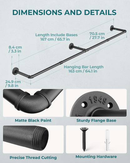 OROPY Industrial Pipe Clothes Rail, 167cm Wall Mounted Detachable Retro Metal Clothing Rail for Hanging Clothes, Heavy Duty Clothes Rail for Bedroom