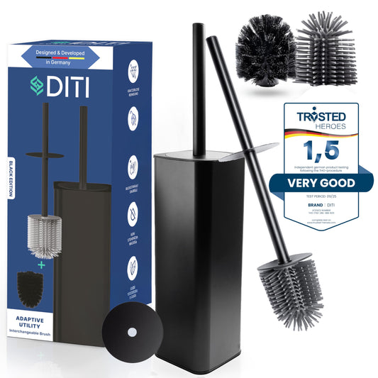 DITI Stainless Steel Toilet Brush Black - Square Silicone Toilet Brush with Holder & Splash Guard - Antibacterial & Rustproof - Includes Replacement