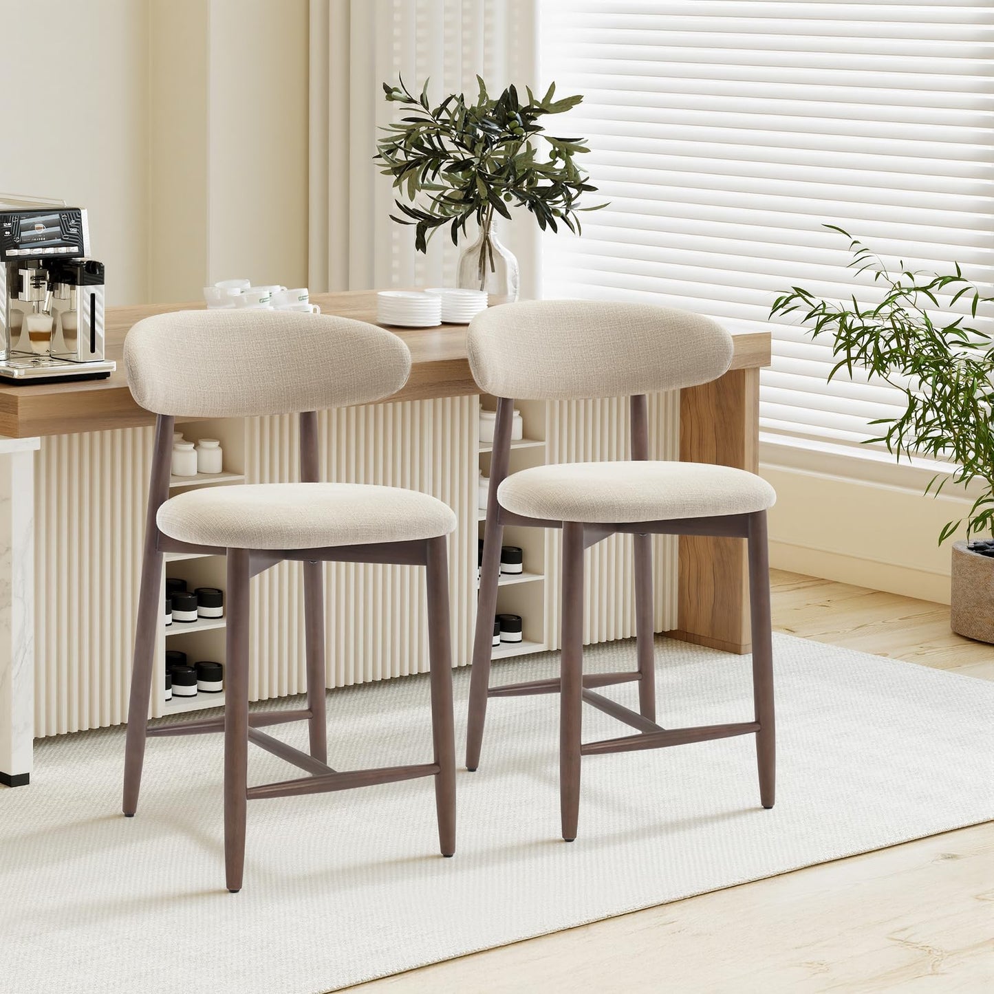 COLAMY 2PCS Counter Height Bar Stools with Back, Modern Upholstered Bar Chairs with Ergonomic Backrest & Footrest, Rubberwood Frame