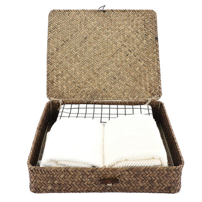 Sumnacon Set of 2 Seagrass Storage Basket Handmade Weave Hamper Wicker Box Chest with Lid & Lock (Coffee)
