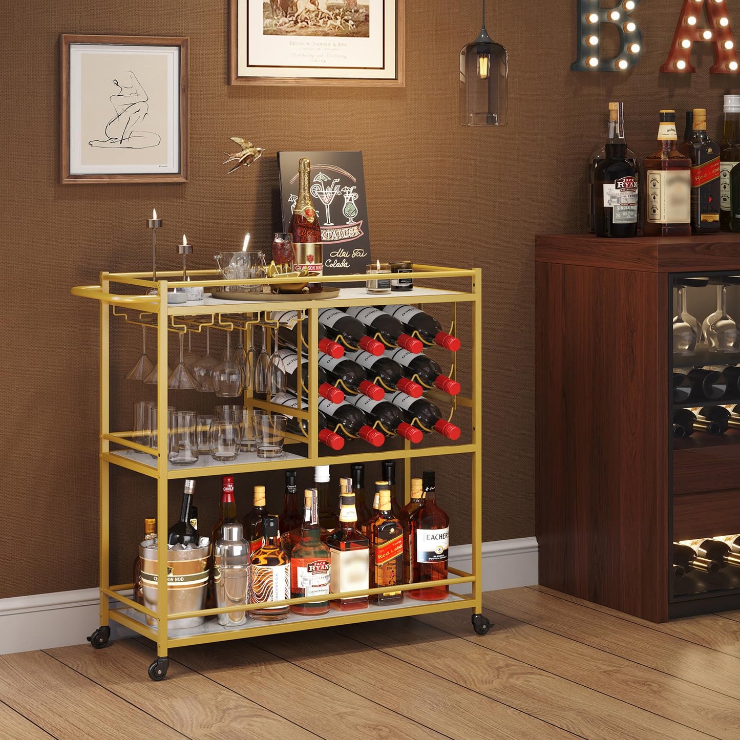 Lifewit 3 Tier Drinks Trolley with Lockable Wheels,Gold