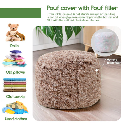 HIGOGOGO Faux Fur Beanbags Round Footstool Bean Bag Pouf with Foam Chunk Filling, 50 x 35 cm Floor Poufs Foot Rest for Living Room, Coffee