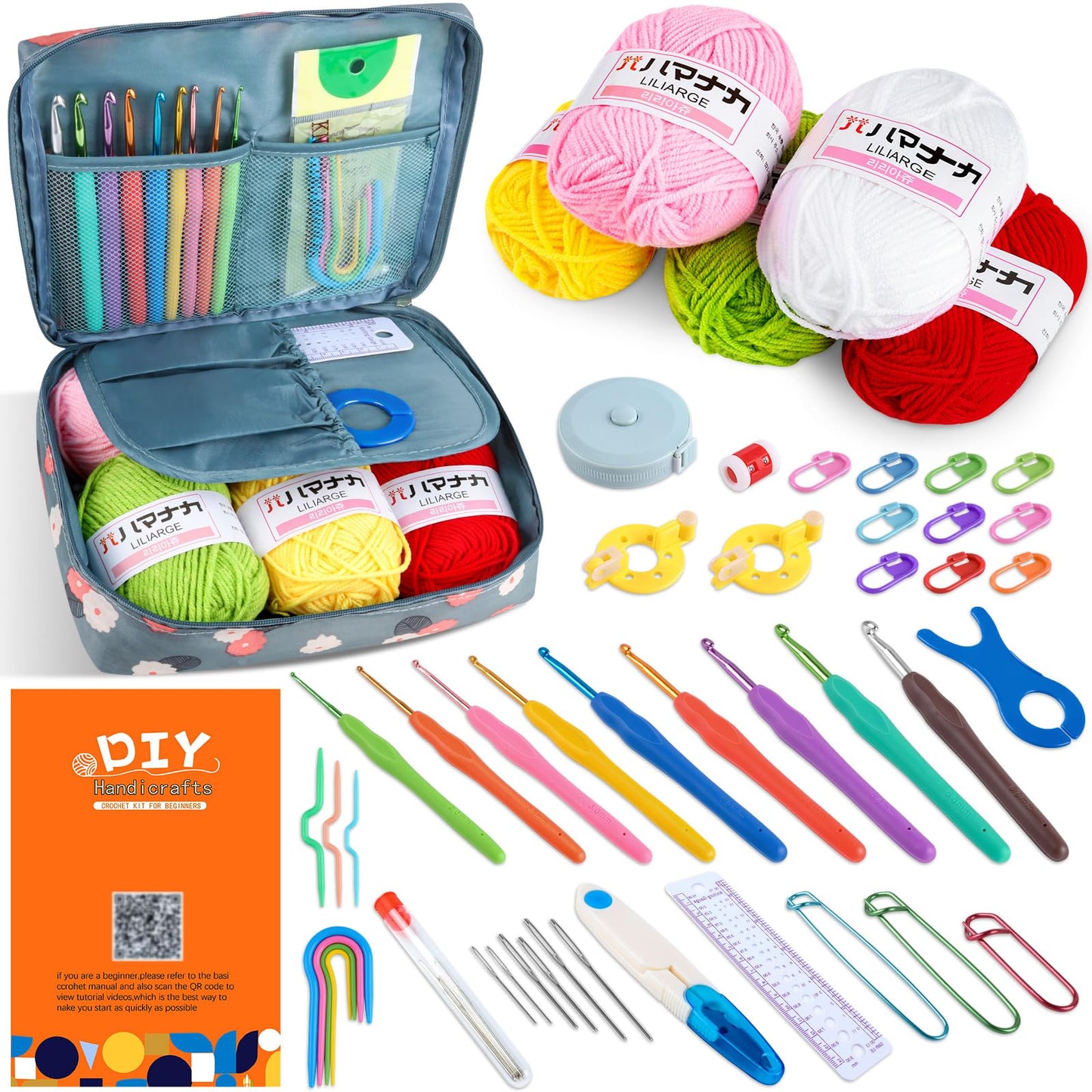 iuqiepo Crochet Kit, Crochet Kits for Beginners Adults, 5 Colors of Yarn, Beginners Crochet Kit, 9 Sizes of Metal Crochet Hooks (2.0mm-6.0mm) Crochet