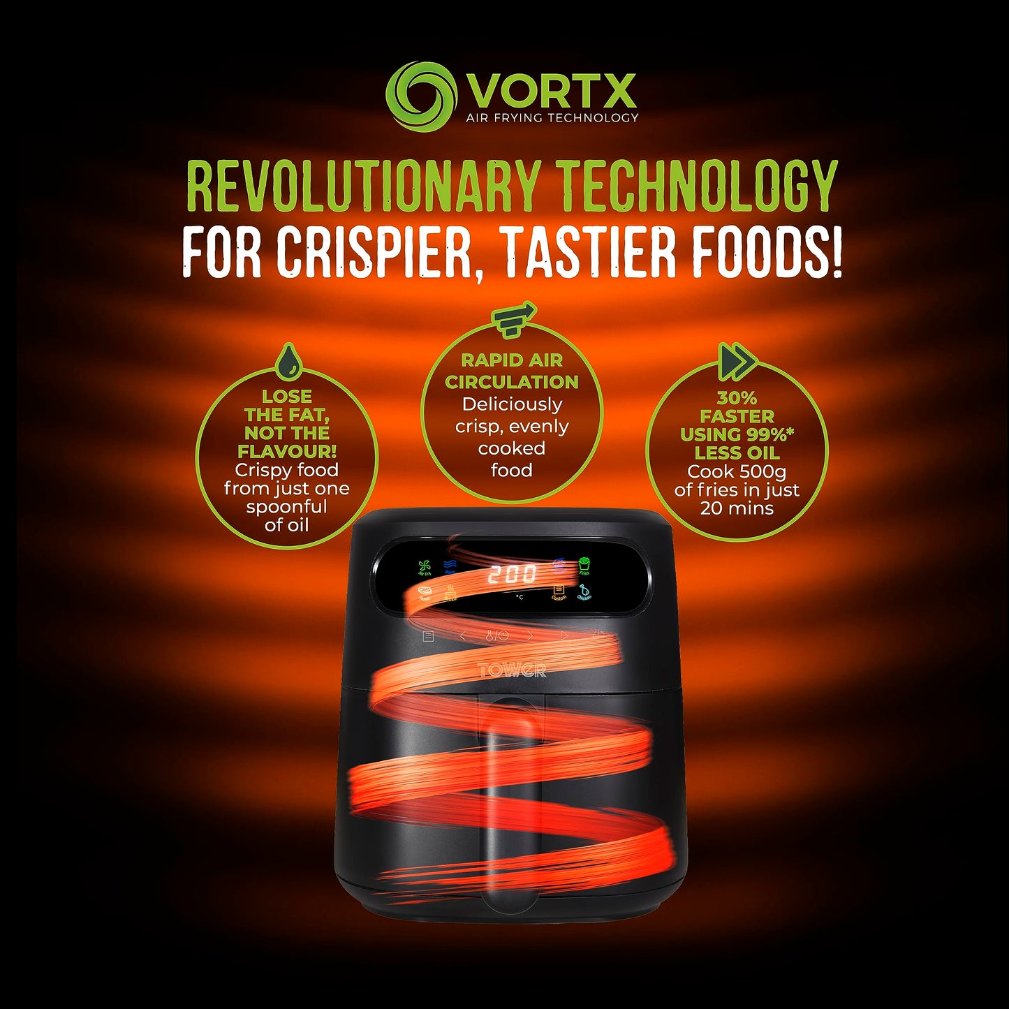Tower, T17125, Vortx 3L Air Fryer with Colour Digital Display, Digital Control Panel & 7 One-Touch Pre-sets, 1300W, Black