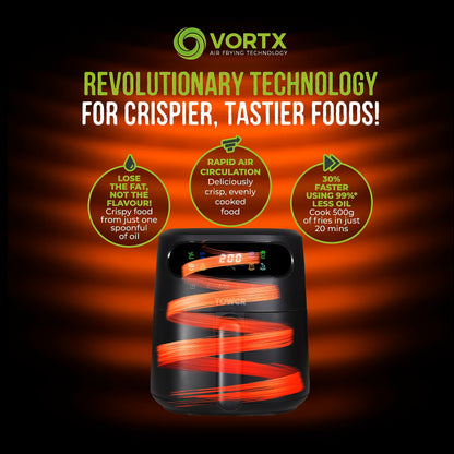 Tower, T17125, Vortx 3L Air Fryer with Colour Digital Display, Digital Control Panel & 7 One-Touch Pre-sets, 1300W, Black