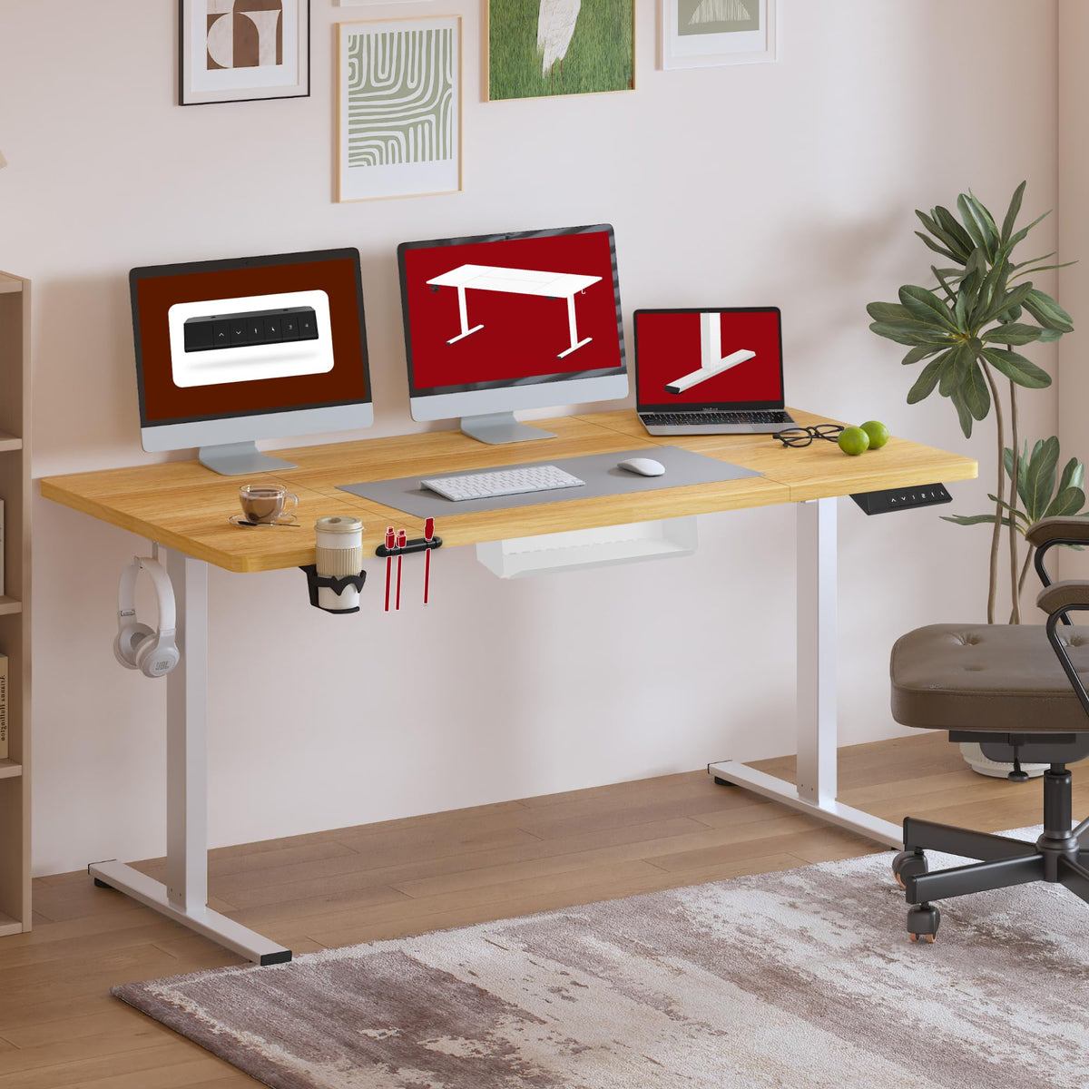 SANODESK 160 * 60 Electric Standing Desk Height Adjustable Desk Sit Stand Table with 4 Memory Smart Pannel with Splice Board for Home Office