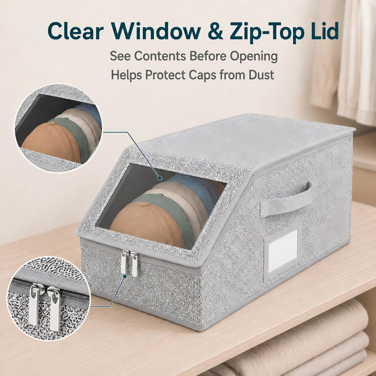Pancutetoubao Baseball Cap Storage Box for 12 Caps, Stackable Hat Storage Organiser with Clear Window, Dust-Proof Zip Lid, PP Board Support
