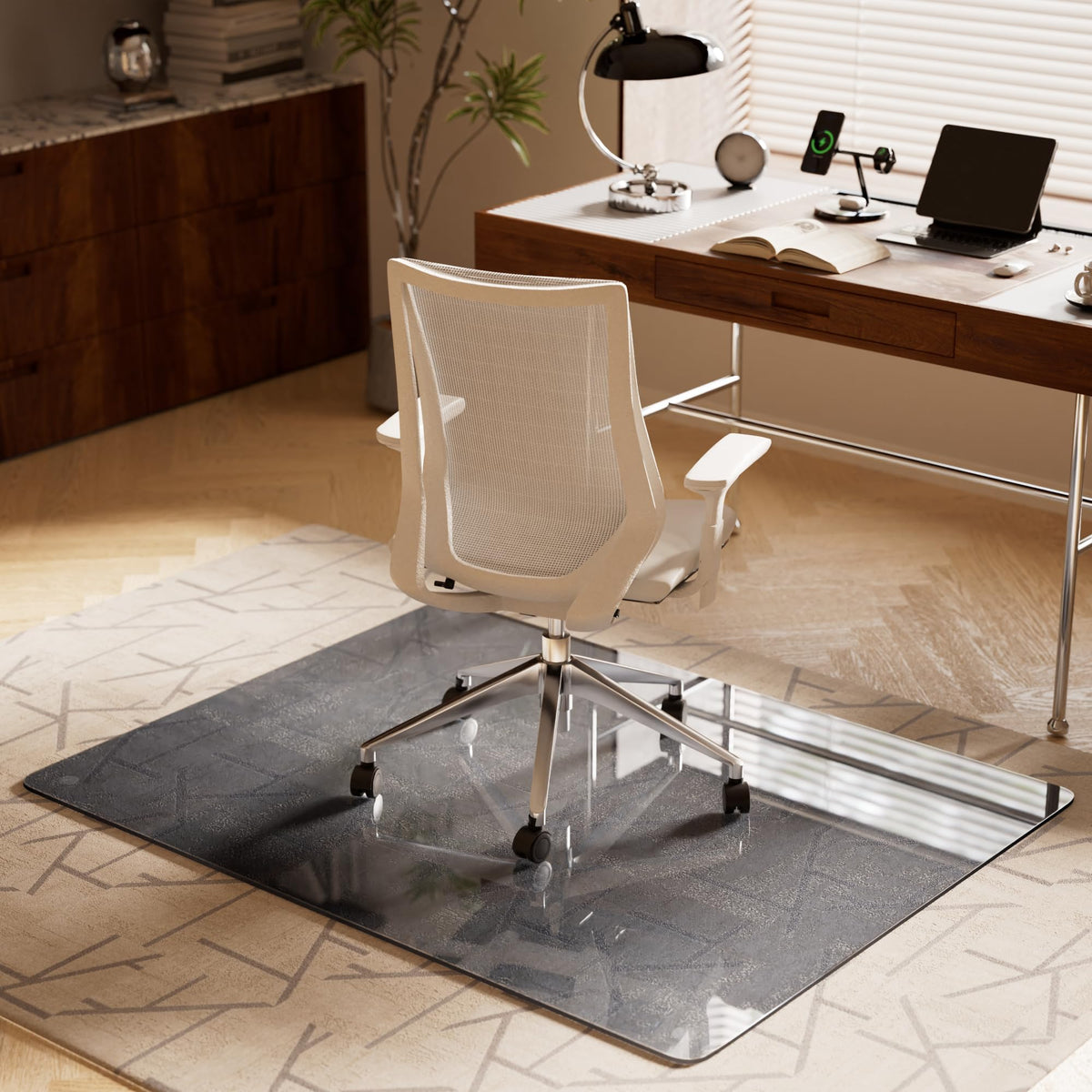Koonmi Tempered Glass Chair Mat, 116 x 90 cm, Grey