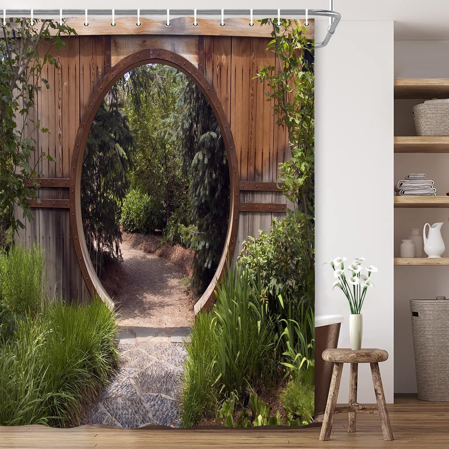 JOOCAR Japanese Shower Curtain Authentic Circle Rustic Doorway Gate Opening to National Park Sublime Habitat Bath Curtain Green Brown Waterproof