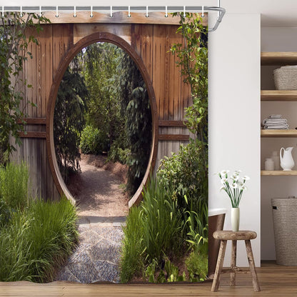 JOOCAR Japanese Shower Curtain Authentic Circle Rustic Doorway Gate Opening to National Park Sublime Habitat Bath Curtain Green Brown Waterproof