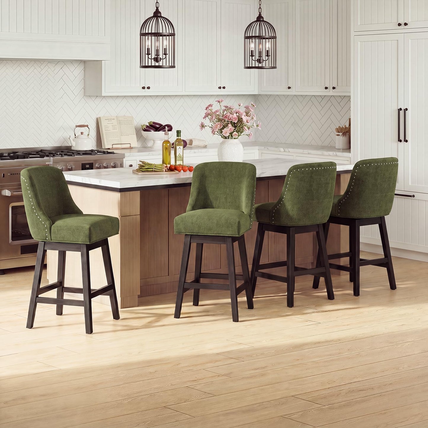 Bar Stools Set of 4, 360° Swivel Upholstered Counter Stools with Back, Wooden Frame Kitchen Bar Chairs with Nailhead Trim